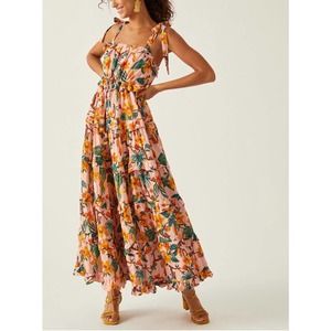 Anthropologie Farm Rio Square Neck Tiered Maxi Dress Size Small Tropical Pink